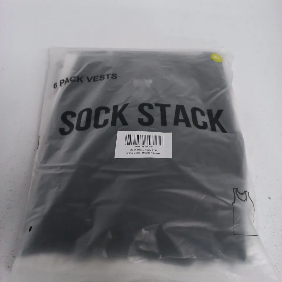 SOCK STACK PACK OF 6 MEN'S VESTS – UK XL, BLACK/WHITE/GREY