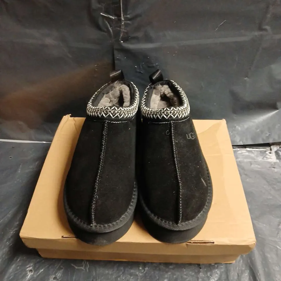 UGG BLACK SUEDE SLIPPERS WITH SHEARLING TRIM – WOMEN’S - UK SIZE 3