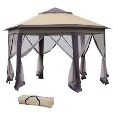 BOXED OUTSUNNY HEXAGON GARDEN GAZEBO POP UP GAZEBO OUTDOOR PATIO DOUBLE ROOF INSTANT SHELTER WITH NETTING, 3 X 4M, BEIGE