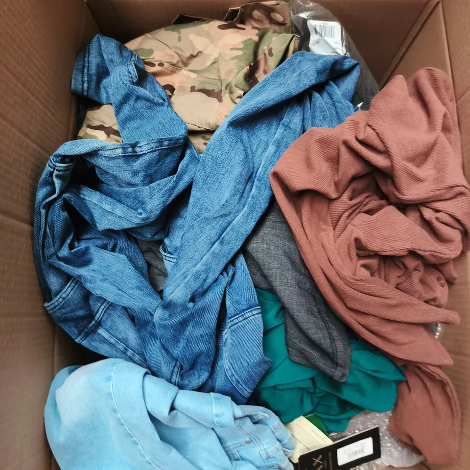 LARGE BOX OF APPROXIMATELY 25 ASSORTED CLOTHING ITEMS IN VARIOUS COLOURS, STYLES AND SIZES - COLLECTION ONLY