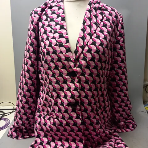 RUTH LANGSFORD JACKET IN PINK GEOMETRIC DESIGN SIZE 14