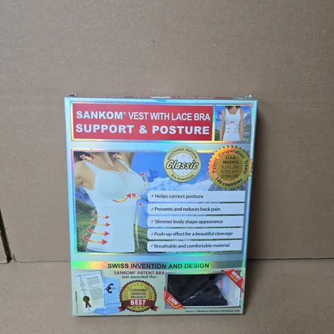 BOX OF APPROXIMATELY 15 SANKOM SUPPORT AND POSTURE BRAS SIZES S TO L