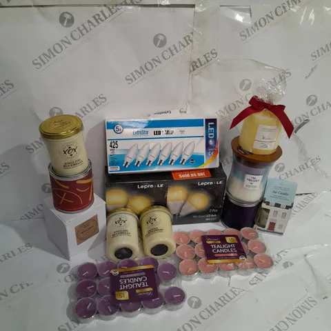 TOTE OF ASSORTED HOUSEHOLD ITEMS TO INCLUDE LIGHTBULBS, CANDLES AND TEALIGHT CANDLES