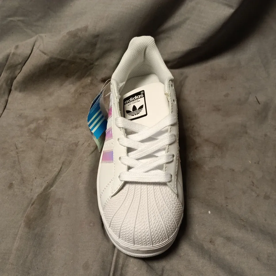 ADIDAS SUPERSTAR KIDS' SNEAKERS - WHITE WITH IRIDESCENT STRIPES SIZE 5