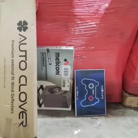 PALLET OF ASSORTED HOUSEHOLD GOODS AND PRODUCTS TO INCLUDE;WIND DEFLECTORS,LED PLAYSTATION SIGN,WASHING MACHINE FITTING