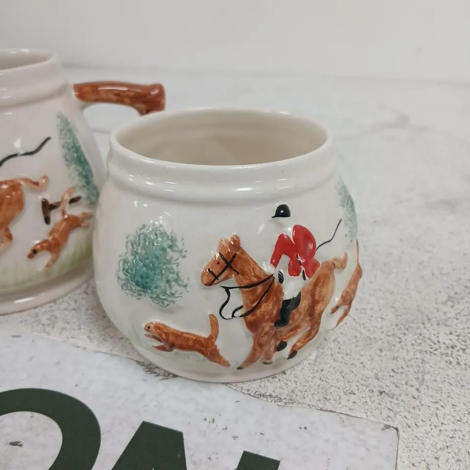 VINTAGE FOX HUNT CERAMIC TEA SET TEAPOT JUG SUGAR POT HAND PAINTED COLLECTIBLE