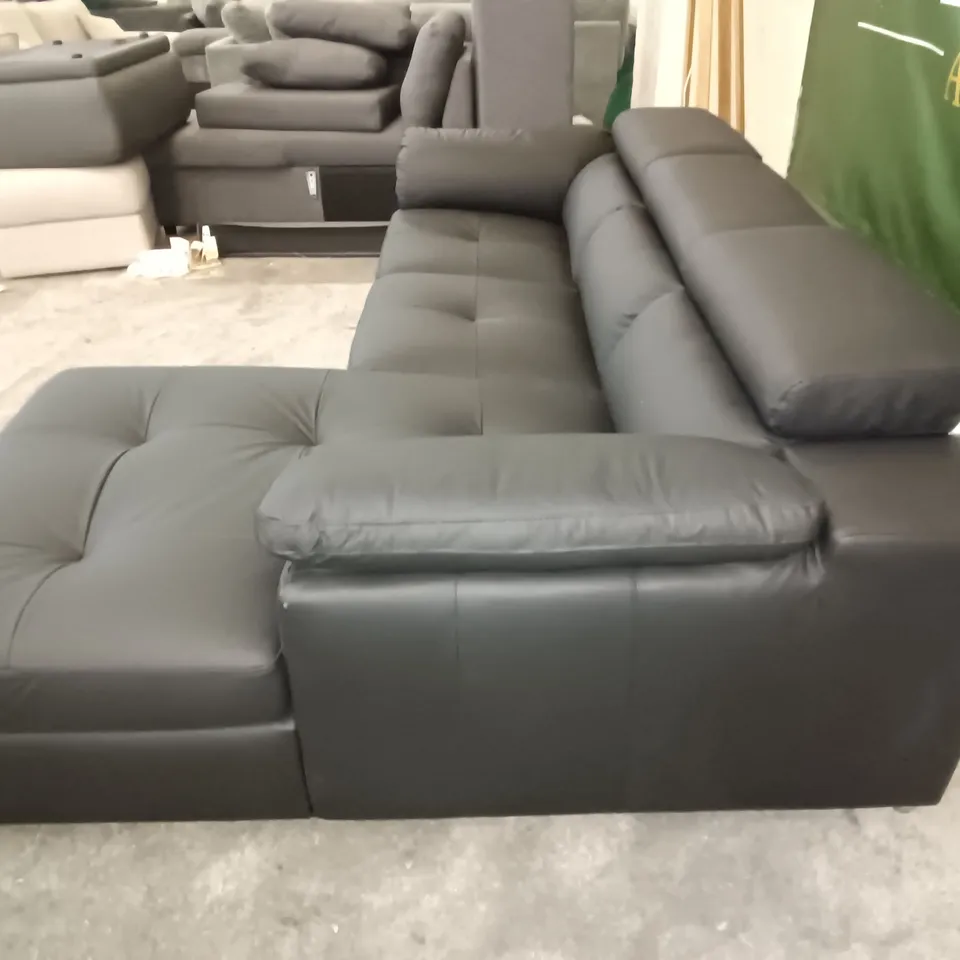 MATT BLACK FAUX LEATHER CHAISE CORNER SOFA WITH ADJUSTABLE HEADRESTS AND CHROME DETAILS 