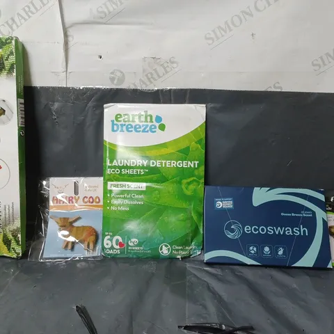 BOX OF APPROXIMATELY 12 ASSORTED ITEMS TO INCLUDE - ECOSWASH OCEAN BREEZE SCENT , EARTH BREEZE LAUNDRY DETERGENT , GREEN BLADE BRASS TAP ADAPTOR ETC