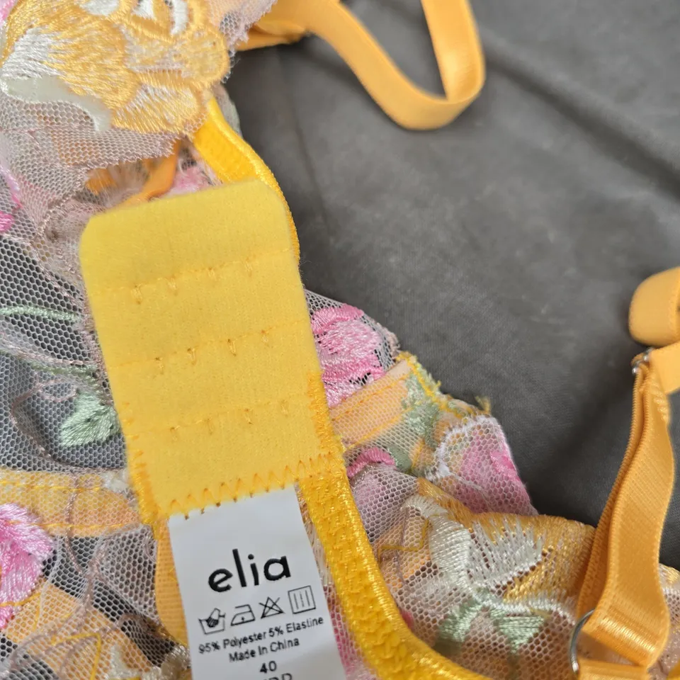 ELIA FLORAL LACE BRA – YELLOW WITH PINK EMBROIDERY, UK SIZE 40E (US 40D)