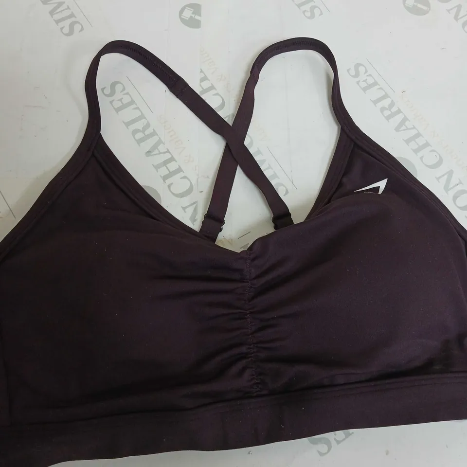 GYMSHARK PLUM BROWN RUCHED PORTS BRA - SIZE SMALL