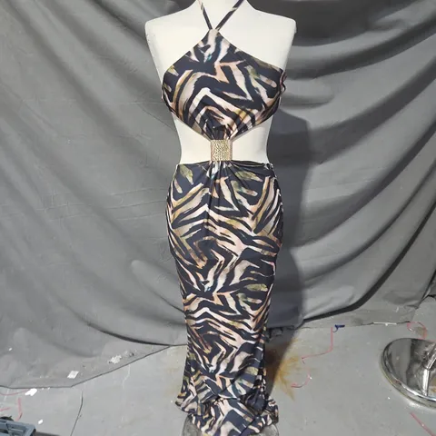 CLUB L LONDON ZEBRA PRINT HALTER-NECK MAXI DRESS – UK 8