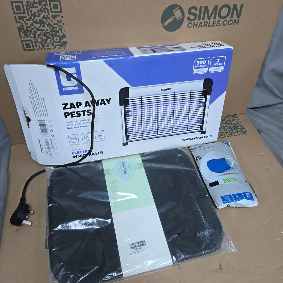 PALLET OF APPROXIMATELY 50 ASSORTED ITEMS TO INCLUDE GEEPAS PEST ZAPPER, ARVOK 15.6INCH LAPTOP BAG, REASABLE FACE MASKS, ETC - COLLECTION ONLY