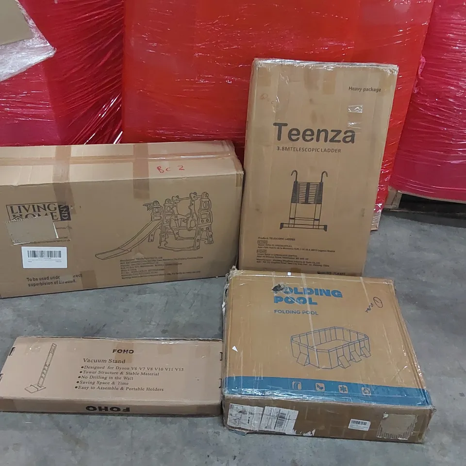 PALLET OF ASSORTED HOUSEHOLD ITEMS AND CONSUMER PRODUCTS TO INCLUDE: KIDS PLAYSET, FOLDING POOL, 3.8M TELESCOPIC LADDER, VACUUM STAND ECT