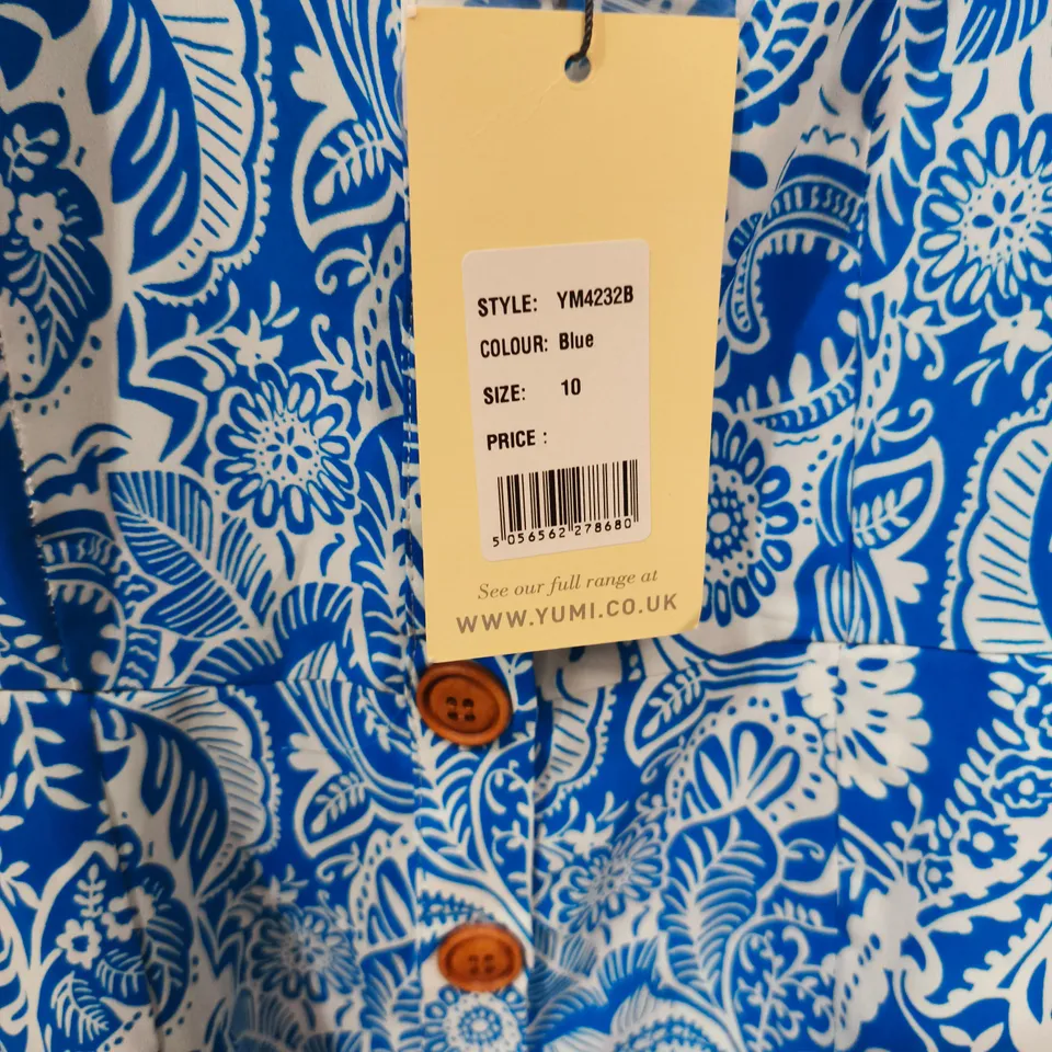 YUMI BLUE FLORAL BUTTON-FRONT DRESS, UK SIZE 10