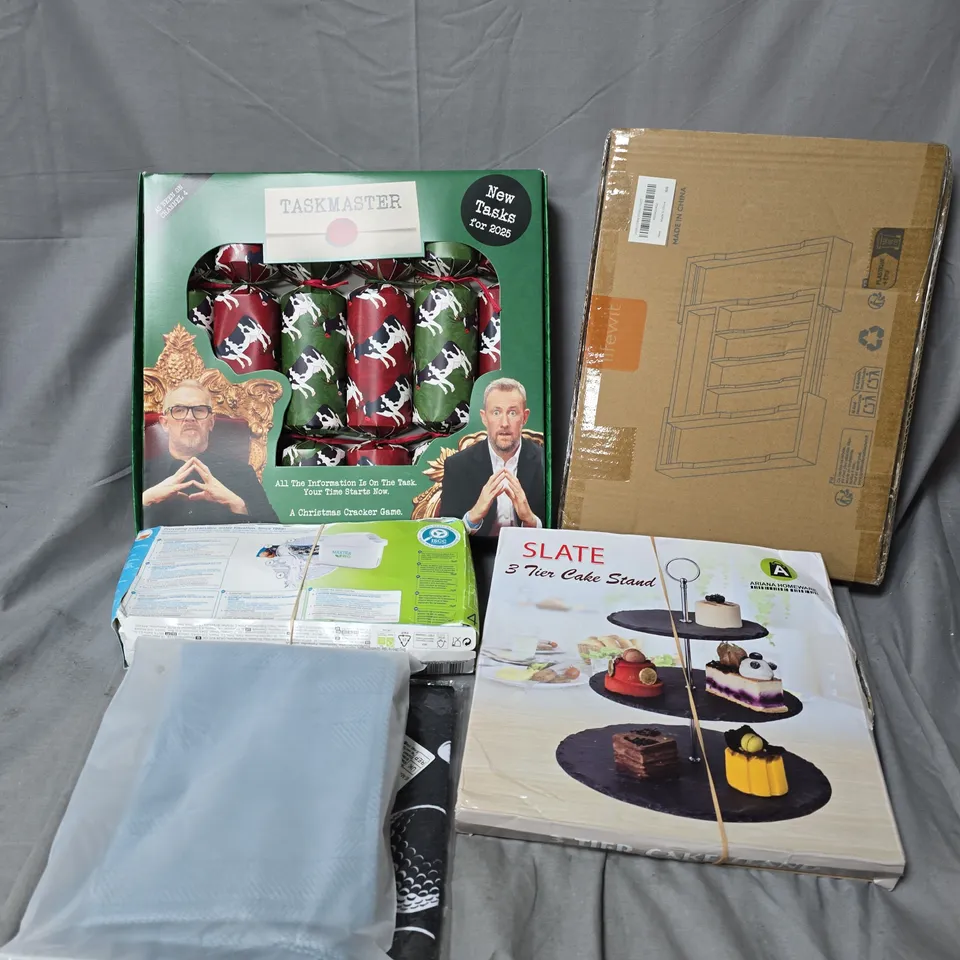 APPROXIMATELY 20 ASSORTED HOUSEHOLD ITEMS TO INCLUDE 3 TIER CAKE STAND, TASKMASTER CHRISTMAS CRACKERS, BRITA WATER FILTERS, ETC