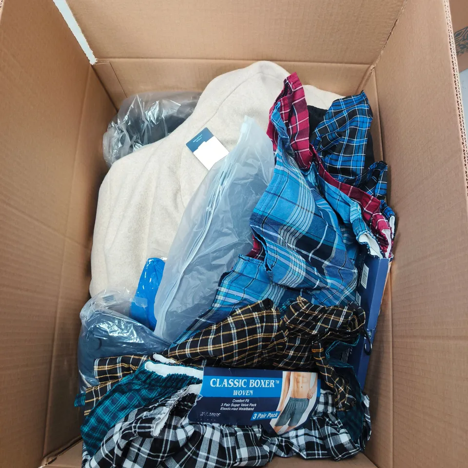 LARGE BOX OF APPROXIMATELY 25 ASSORTED CLOTHING ITEMS IN VARIOUS COLOURS, STYLES AND SIZES - COLLECTION ONLY