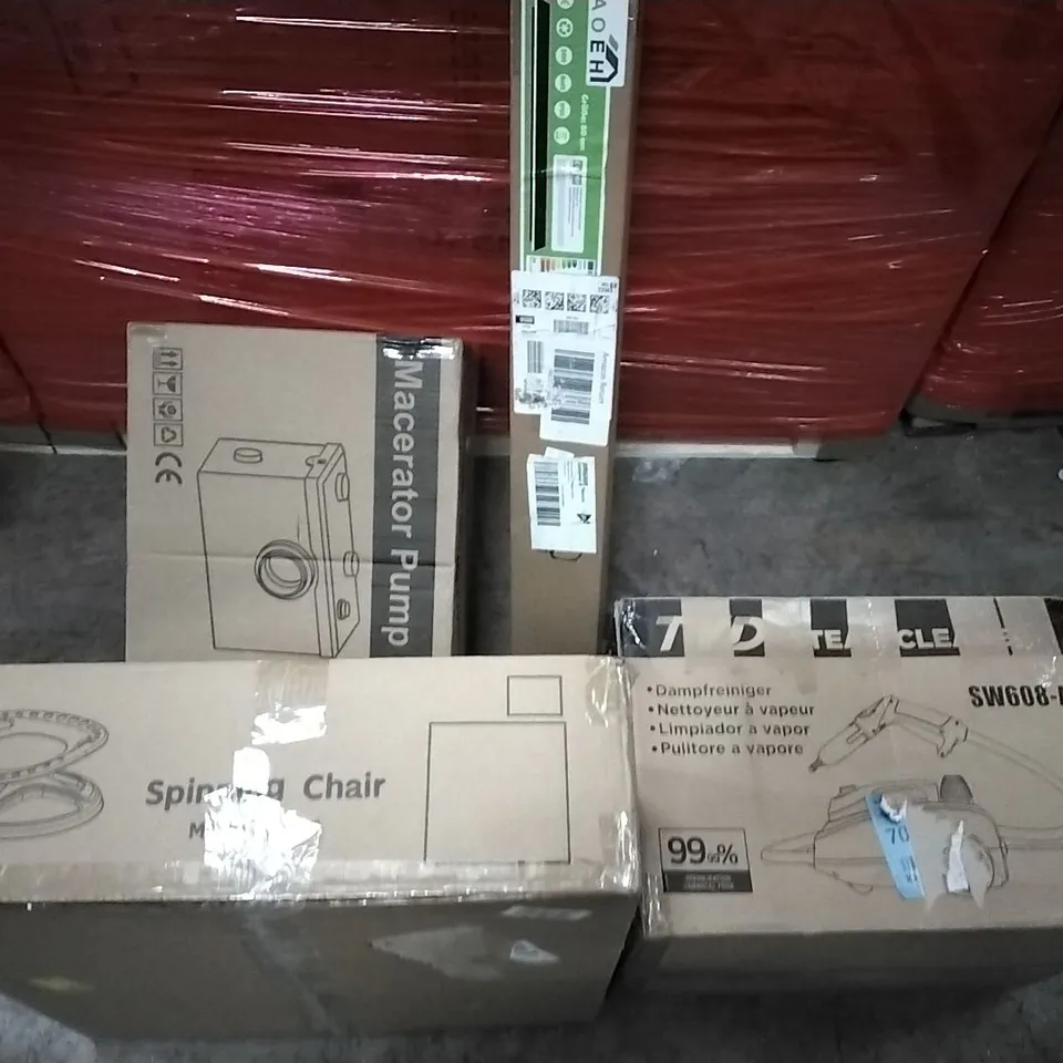 PALLET OF HOUSEHOLD ITEMS TO INCLUDE SPINNING CHAIR, MACERATOR PUMP, STEAM CLEANER, LONG WALL LIGHT AND OTHER ASSORTED ITEMS...