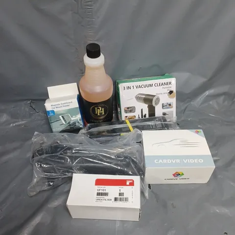 APPROXIMATELY 7 ASSORTED VEHICLE PARTS & ACCESSORIES TO INCLUDE VACUUM CLEANER, CAR DVR/VIDEO, UREA FILTER, ETC