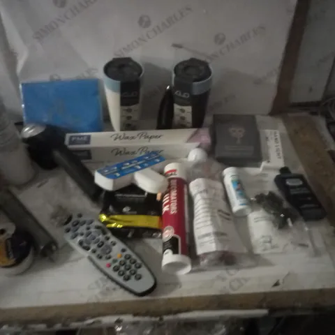 APPROXIMATELY 10 ASSORTED PRODUCTS TO INCLUDE, TV REMOTE, HAND LIGHT, GOLF BALLS