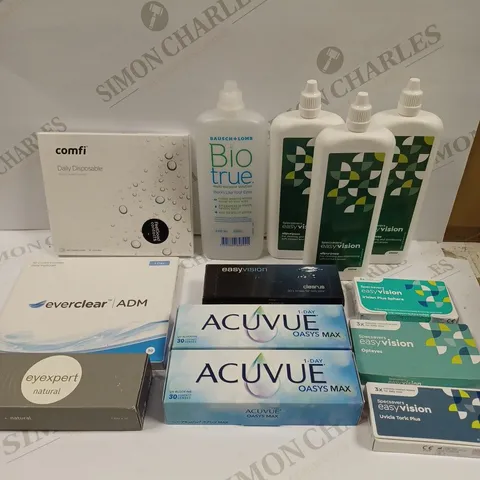BOX OF APPROXIMATELY 30 ASSORTED HEALTH & EYECARE PRODUCTS TO INCLUDE CONTACT LENSES & CONTACT SOLUTION