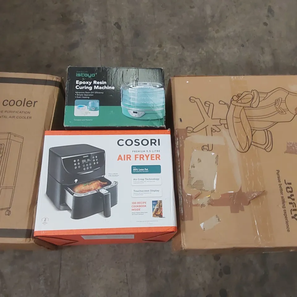 PALLET OF ASSORTED ITEMS INCLUDING AIR COOLER, AIR FRYER, RESIN CURING MACHINE, GAMING CHAIR, AQUARIUM LED LIGHT