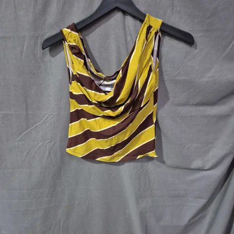 MOTEL WOMEN'S TOP – YELLOW & BROWN ZEBRA PRINT, DRAPED COWL NECK, SIZE S