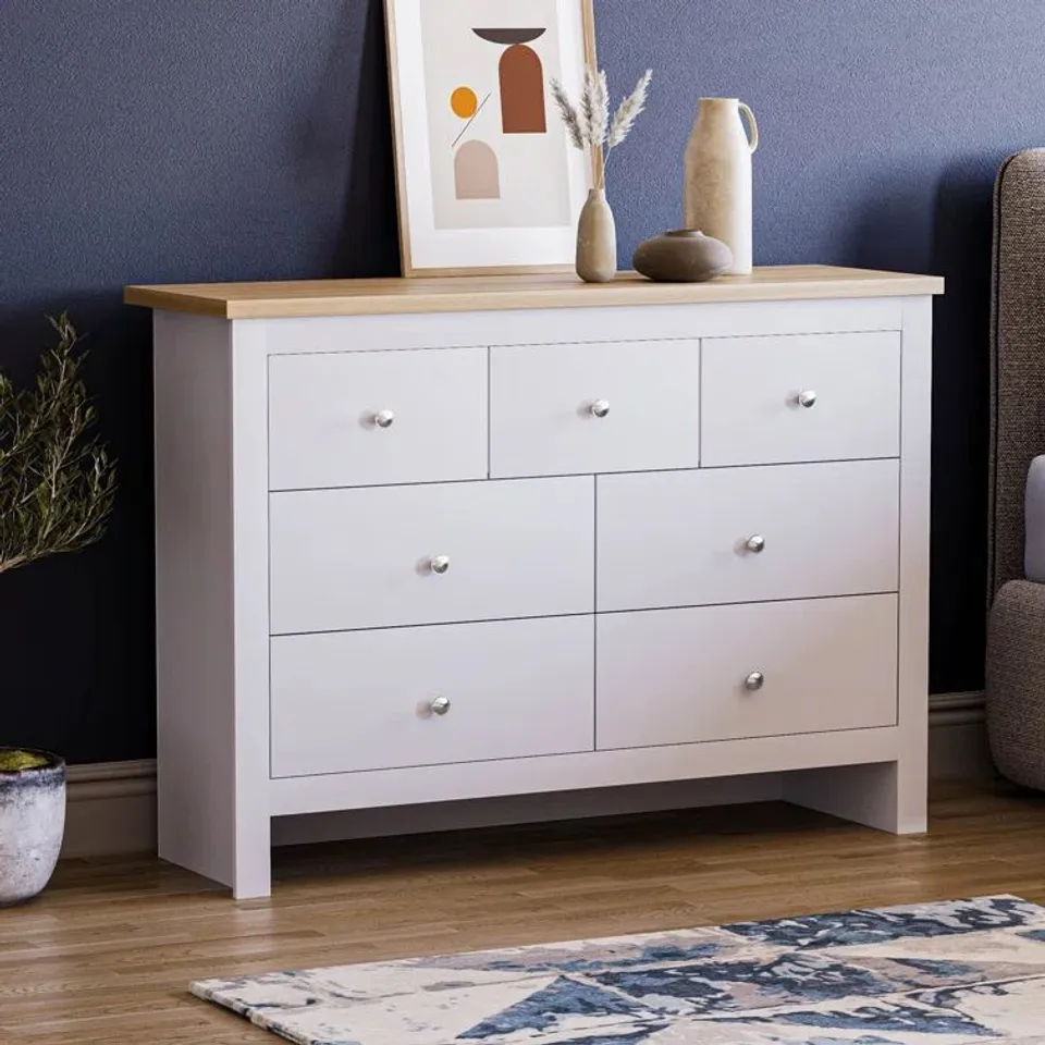 BOXED MORLEY 7-DRAWER 111.5CM CHEST OF THE DRAWERS - WHITE & OAK (2 BOXES)
