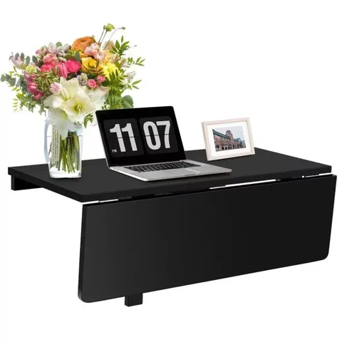 BOXED 80 X 60cm WALL MOUNTED FOLDING TABLE DROP-LEAF FLOATING WRITING DESK - BLACK