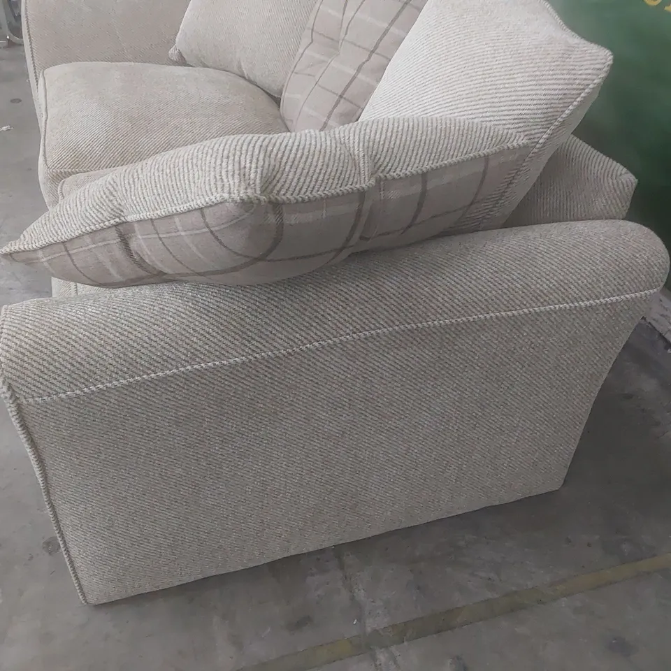 DESIGNER TWO SEATER SOFA WITH SCATTER CUSHIONS BEIGE FABRIC