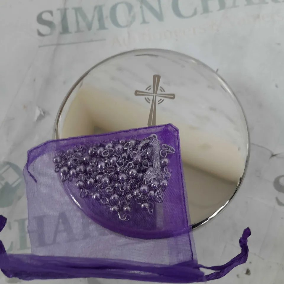 BOXED PERSONALISED ROSARY BEADS AND PERSONALISED TIN RRP £34