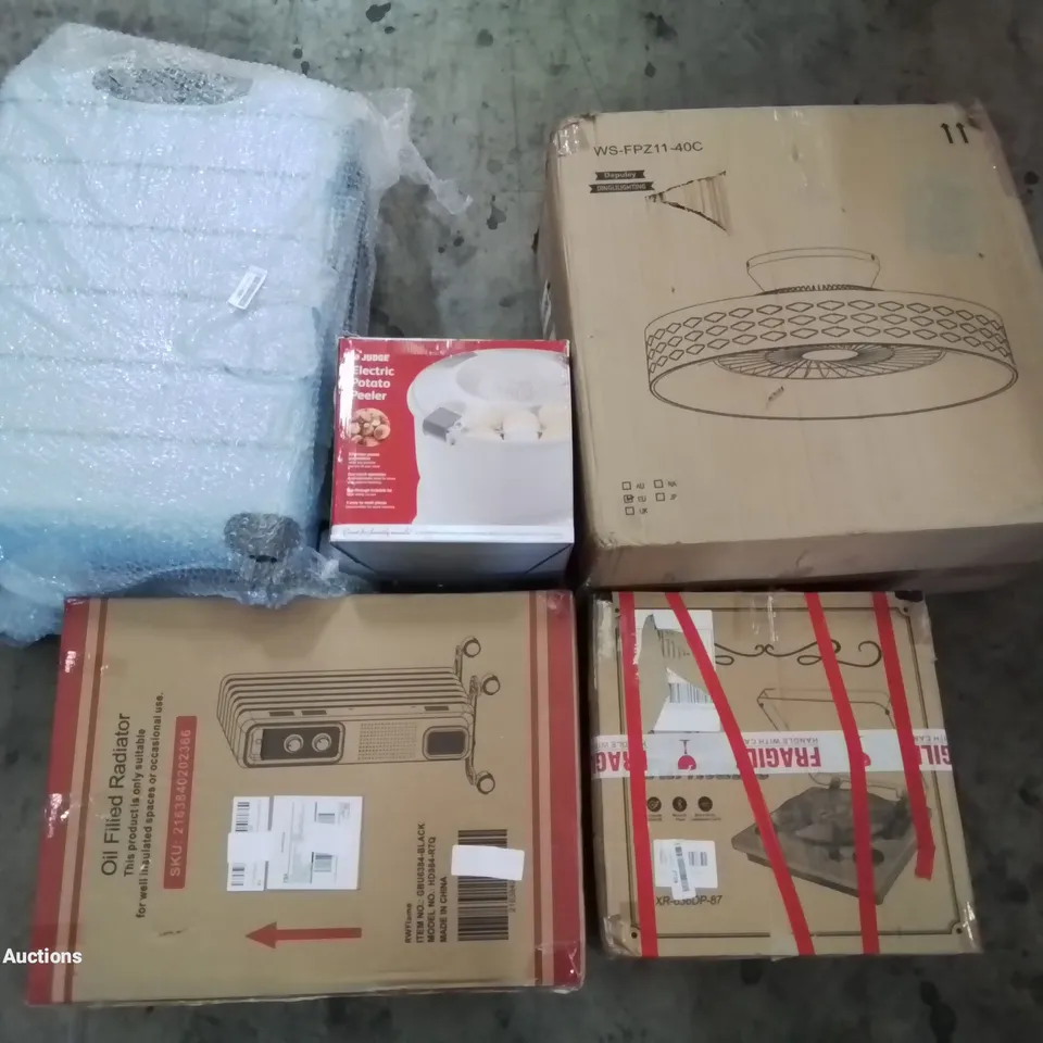 PALLET OF ASSORTED ITEMS INCLUDING SUITCASE, ELECTRIC POTATO PEELER, LED CEILING FAN, OIL FILLED RADIATOR, TURNTABLE