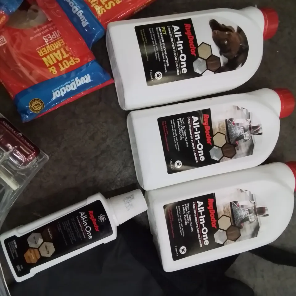 BOX RUG DOCTOR PARTS & CLEANING FLUID, INCLUDING WIPES.