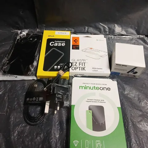 TOTE OF APPROX 10 ASSORTED PHONE ITEMS TO INLCUDE CHARGERS, CASES AND SCREEN CLEANER