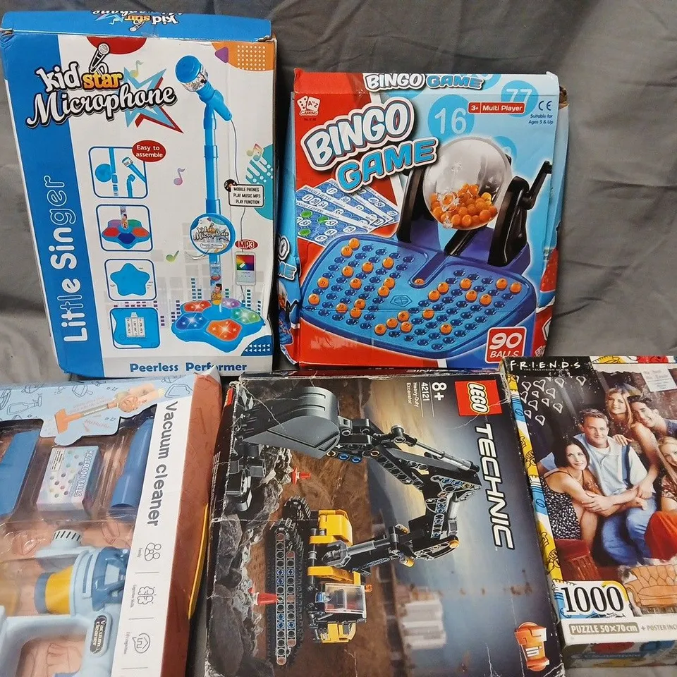 LOT OF 5 ASSORTED TOYS AND GAMES TO INCLUDE FRIENDS JIGSAW, LEGO TECHNICS AND VACUUM CLEANER PLAY SET