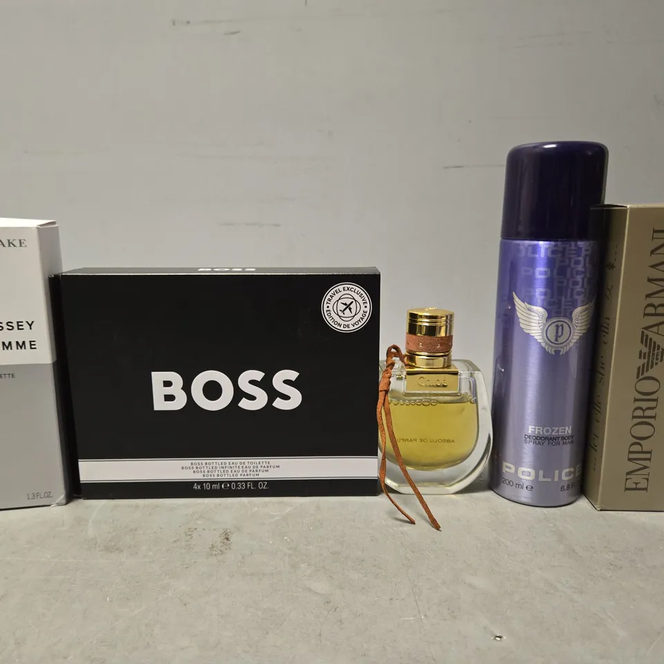 BOX OF APPROXIMATELY 12 ASSORTED HEALTH & BEAUTY ITEMS TO INCLUDE - EMPORIO ARMANI SHE , POLICE FROZEN , BOSS BOTTLED EAU DE TOILETTE ETC