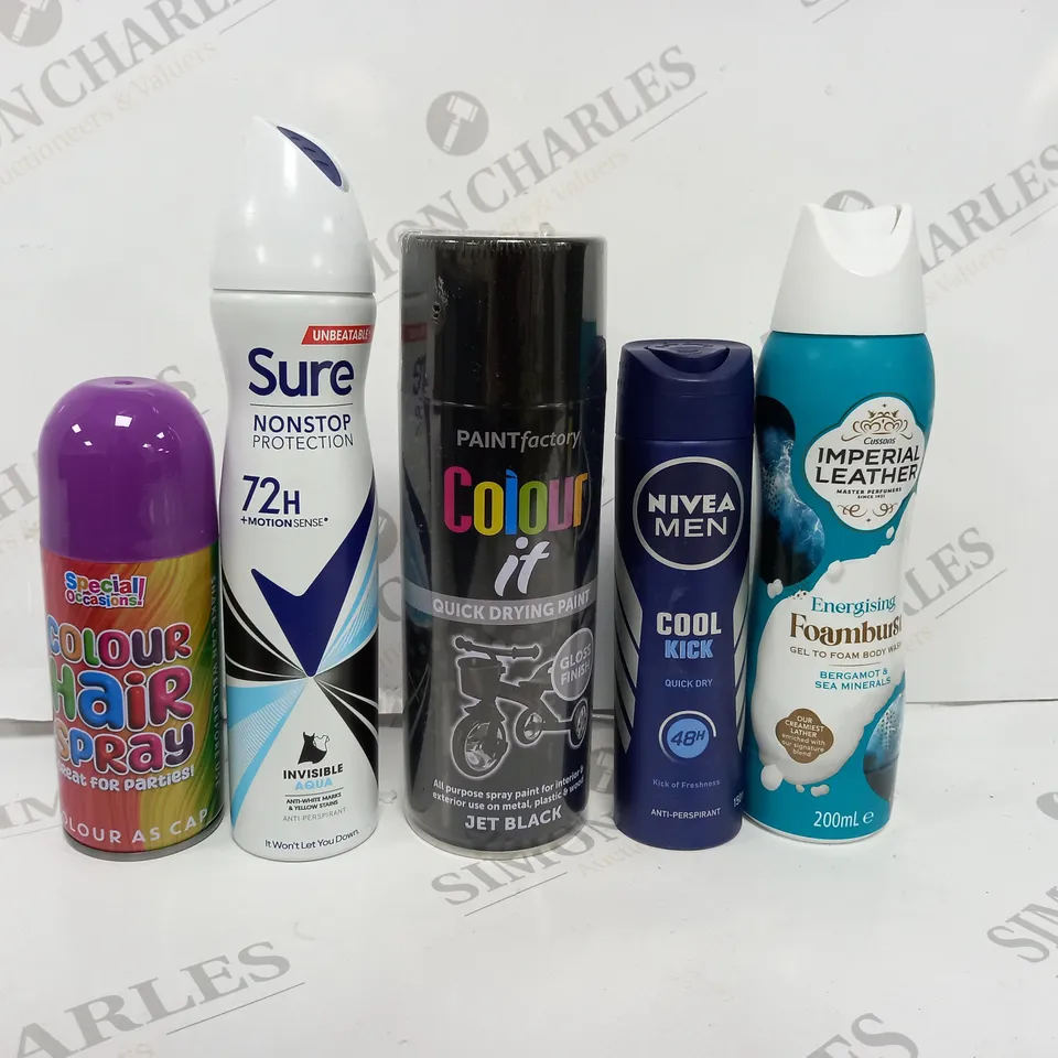 BOX OF APPROX 15 ASSORTED AEROSOLS TO INCLUDE -NIVEA MEN COOL KICK - COLOUR HAIR SPRAY - SURE DEODORANT ECT 