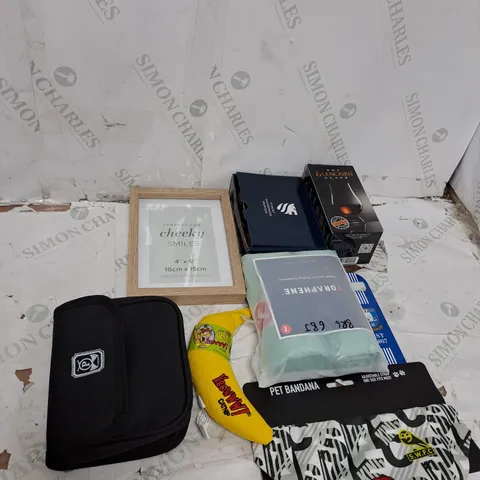 TOTE OF APPROXIMATELY 15 ASSORTED HOUSEHOLD ITEMS TOO INCLUDE WHISKY FLASK , PICTURE FRAMES BOTTLE OPENERS , ETC
