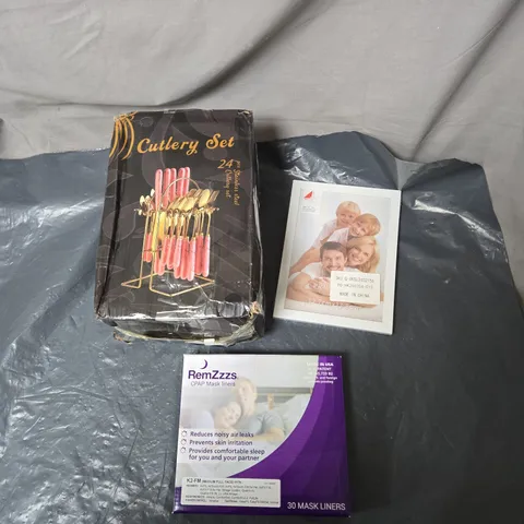 APPROXIMATELY 15 ASSORTED HOUSEHOLD PRODUCTS TO INCLUDE A PICTURE FRAME, CUTLERY SET & CPAP MASK LINERS ETC