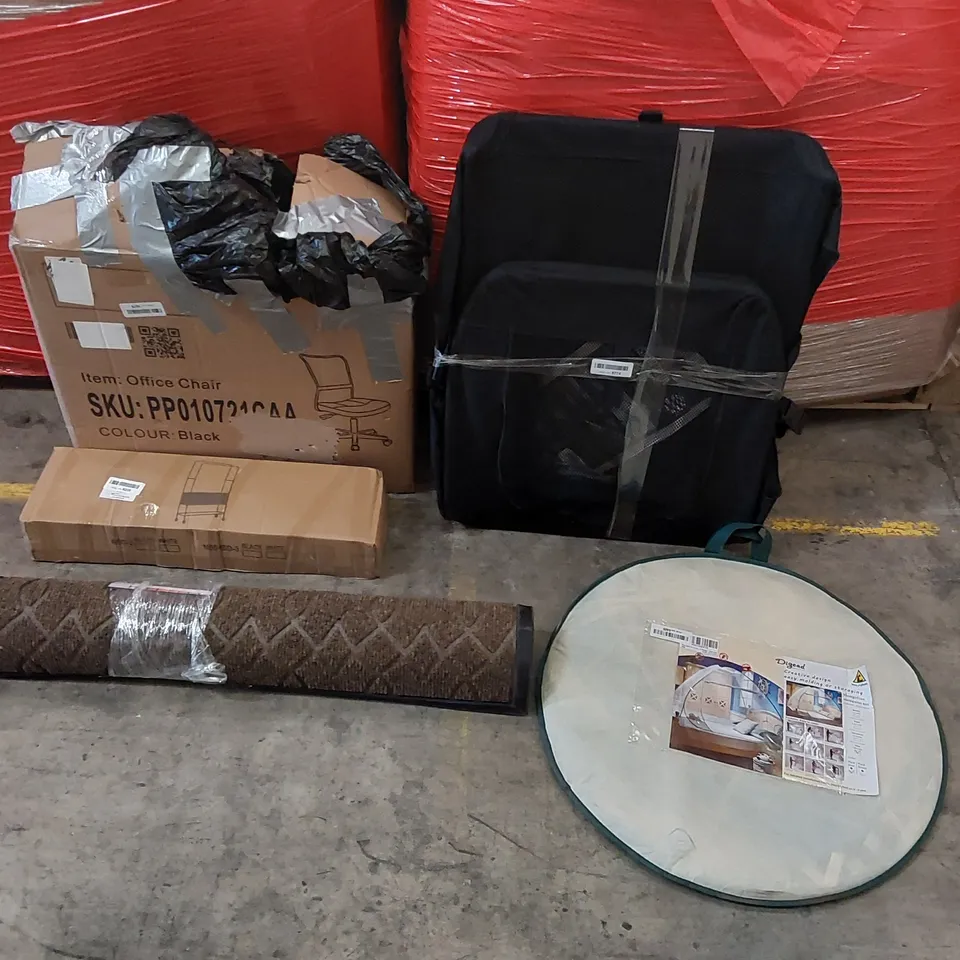 PALLET OF ASSORTED ITEMS INCLUDING: OFFICE CHAIR, LARGE MAT, CLOTHES RAIL, PORTABLE PET CRATE, MONGOLIAN MOSQUITO NET