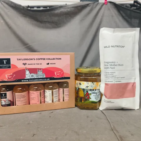 APPROXIMATELY 5 ASSORTED FOOD AND DRINK ITEMS TO INCLUDE HONEY, COFFEE COLLECTION, ETC