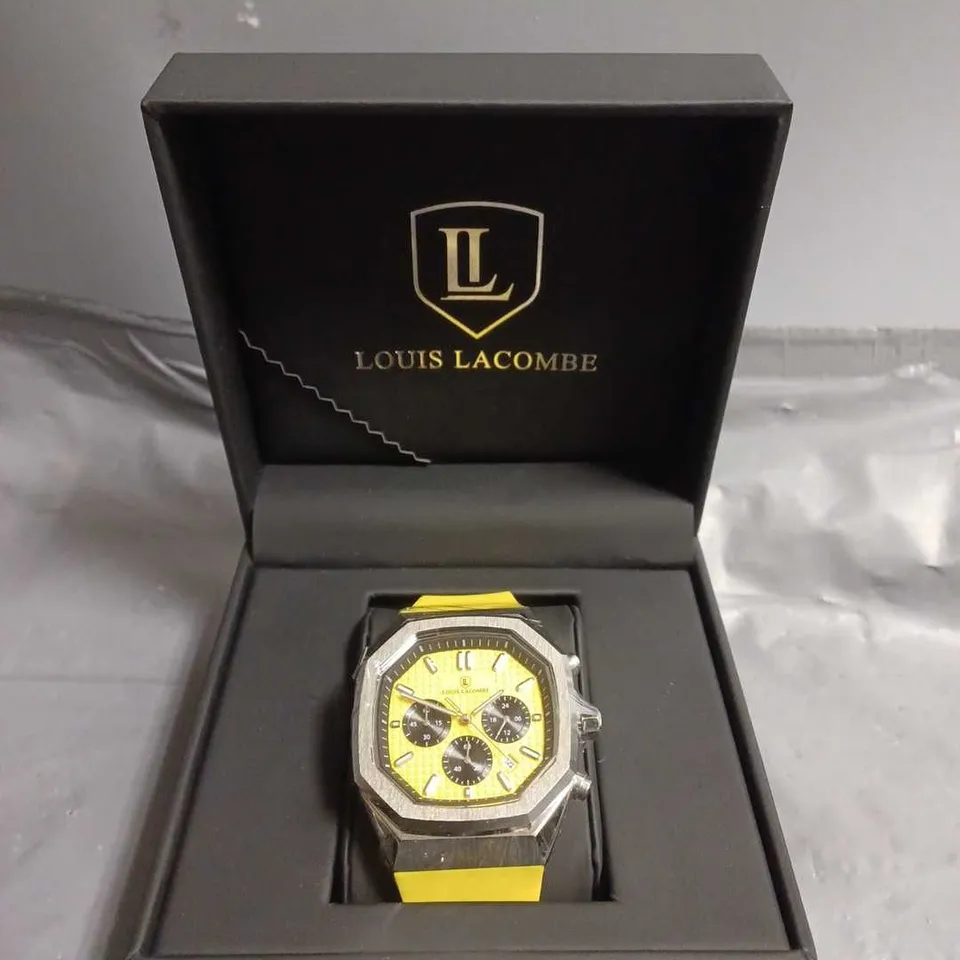 BOXED LOUIS LACOMBE CHRONOGRAPH WATCH WITH YELLOW DIAL & STRAP