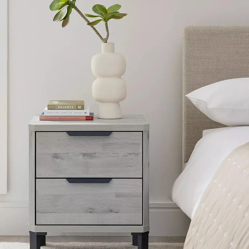 BOXED HARLEM 2 DRAWER BEDSIDE GREY OAK