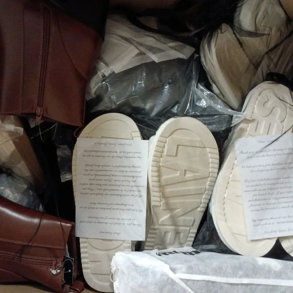 BOX OF APPROXIMATELY 15 ASSORTED PAIRS OF SHOES AND FOOTWEAR ITEMS IN VARIOUS COLOURS, STYLES, AND SIZES - COLLECTION ONLY