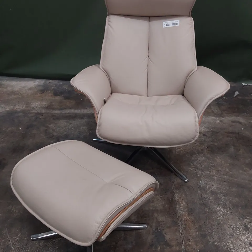 QUALITY BRITISH DESIGNER G PLAN LUND MANUAL RECLINING CHAIR & FOOTSTOOL CAMBRIDGE STONE LEATHER 
