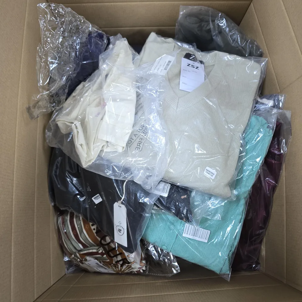 BOX OF APPROXIMATELY 15 ASSORTED CLOTHING ITEMS IN VARIOUS SIZES, COLOURS AND STYLES