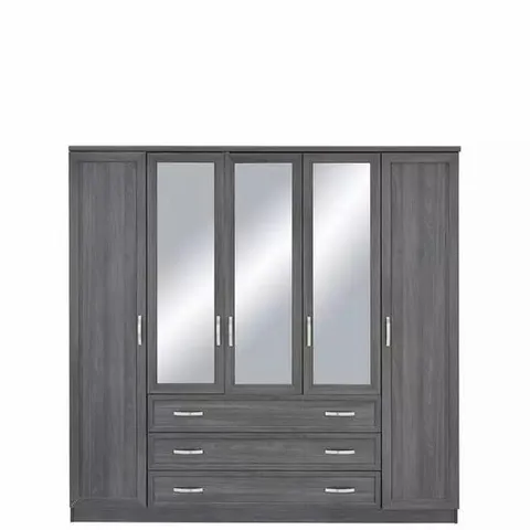 BOXED CAMBERLEY 5-DOOR 3-DRAWER DARK OAK-EFFECT MIRRORED WARDROBE (3 BOXES)