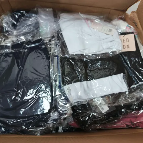 LARGE BOX OF APPROX 20 ASSORTED CLOTHING ITEMS IN VARIOUS STYLES , COLORS AND SIZES