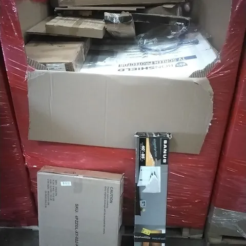 A PALLET CONTAINING ASSORTED HOUSEHOLD GOODS AND PRODUCTS TO INCLUDE; TV WALL MOUNT, TV SCREEN PROTECTOR, BOXED FURNITURE ETC