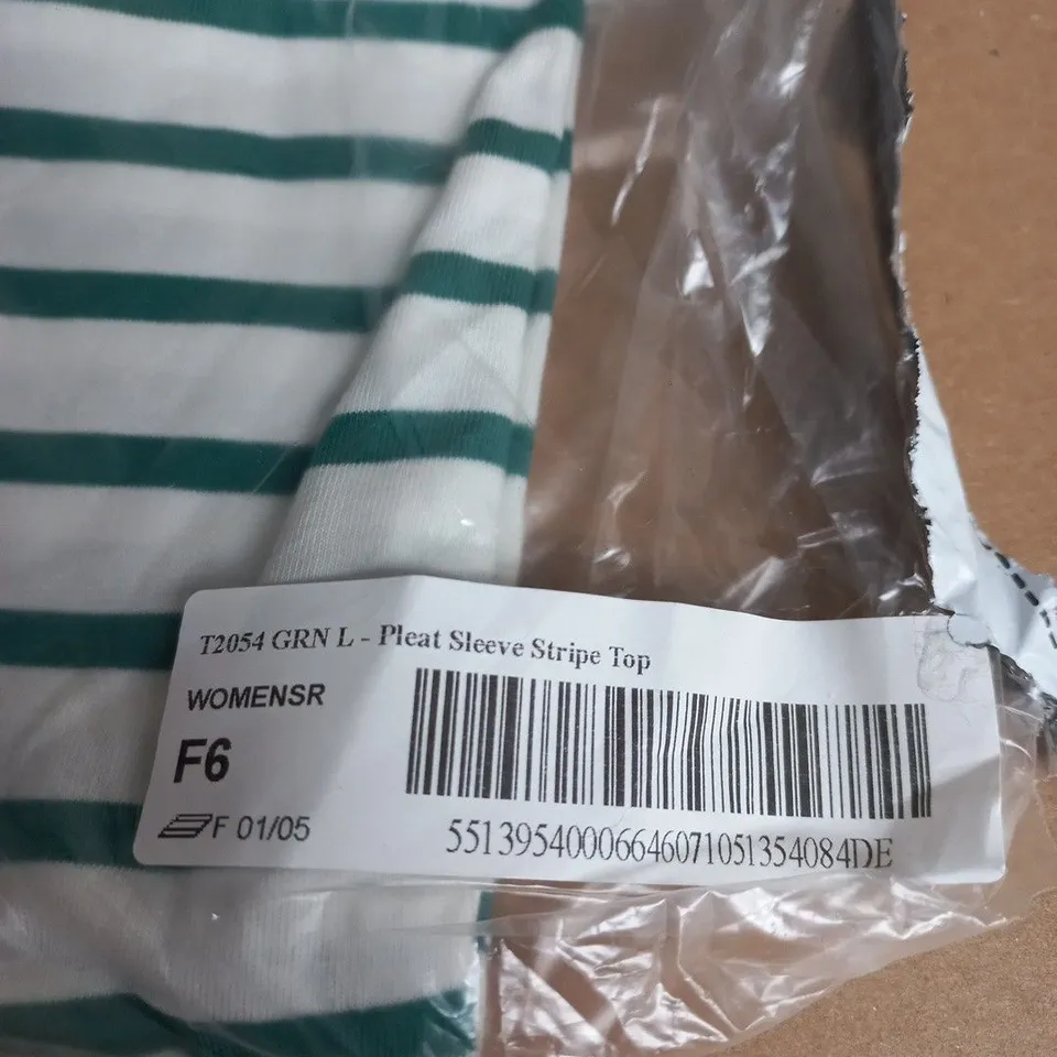 BODEN PLEAT SLEEVE STRIPE TOP – WOMEN'S GREEN & WHITE STRIPE, UK L (T2054)