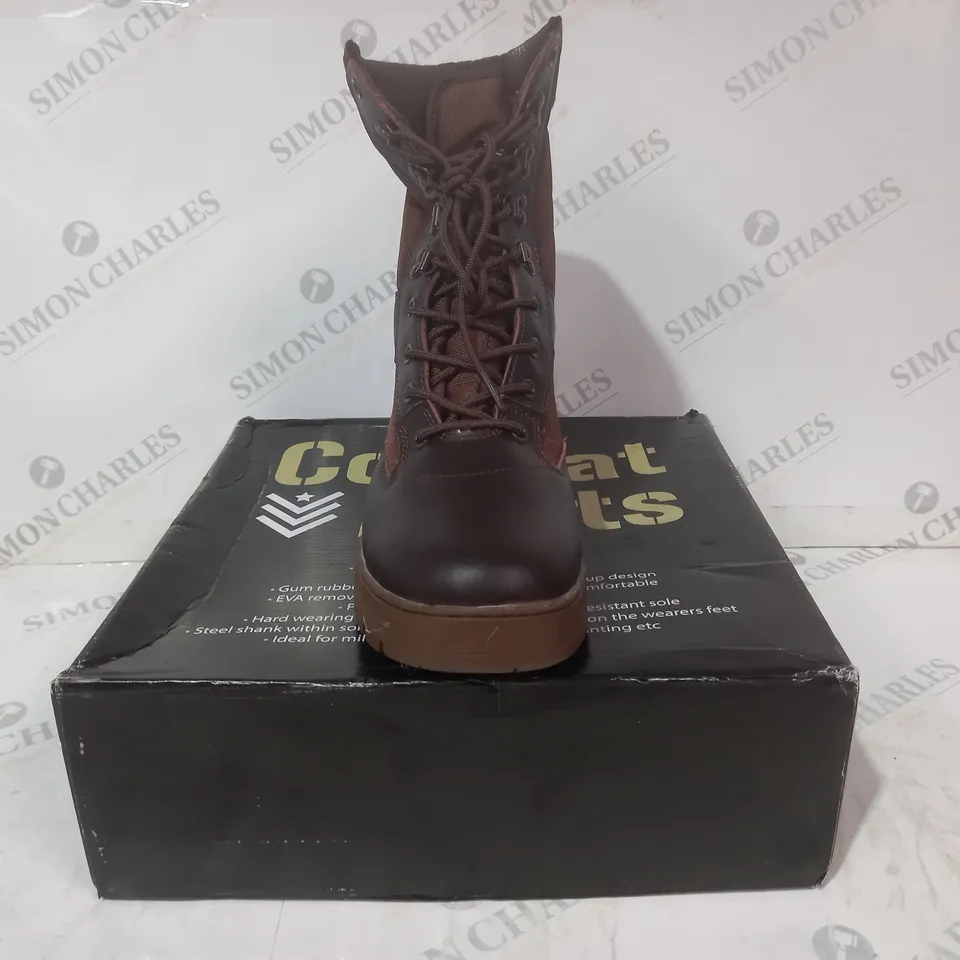 BOXED PAIR OF COMBAT BOOTS IN BROWN EU SIZE 45